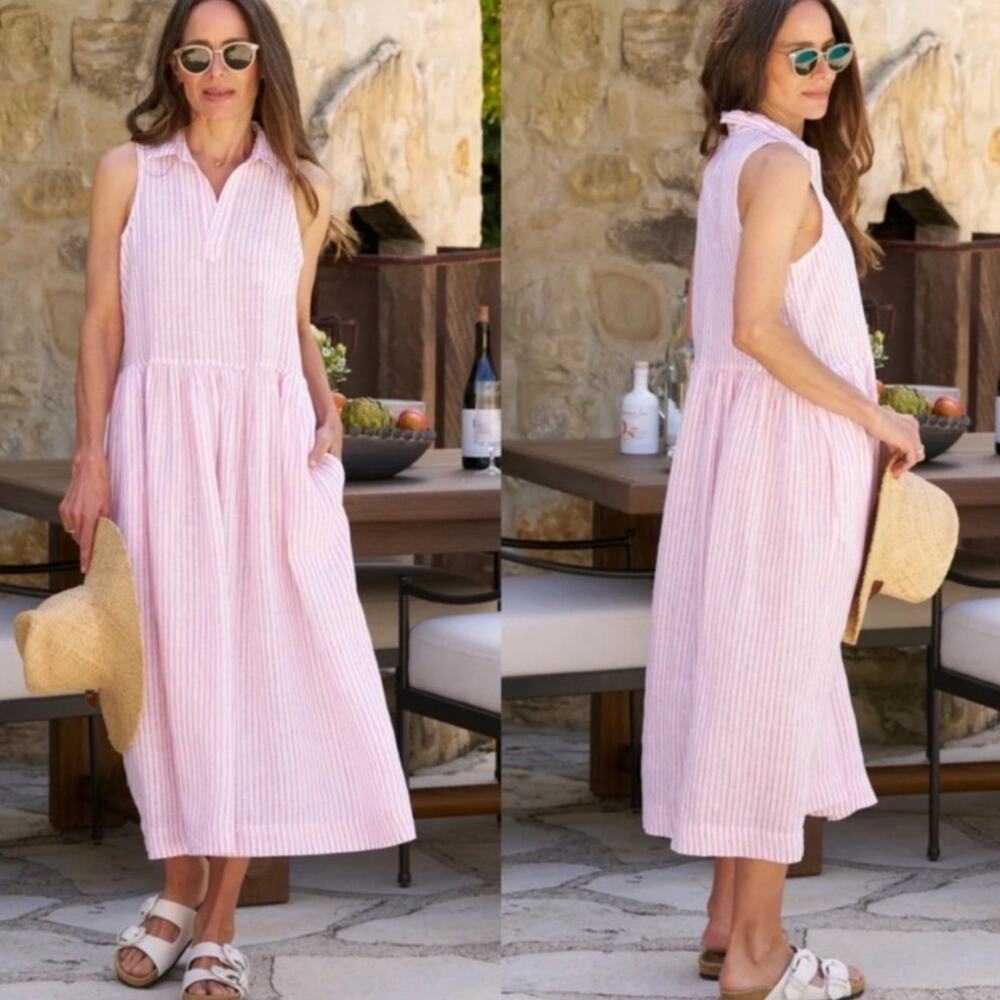 Frank & Eileen‎ Daphne Linen Popover Maxi Dress Pink Stripe Size XS Pockets